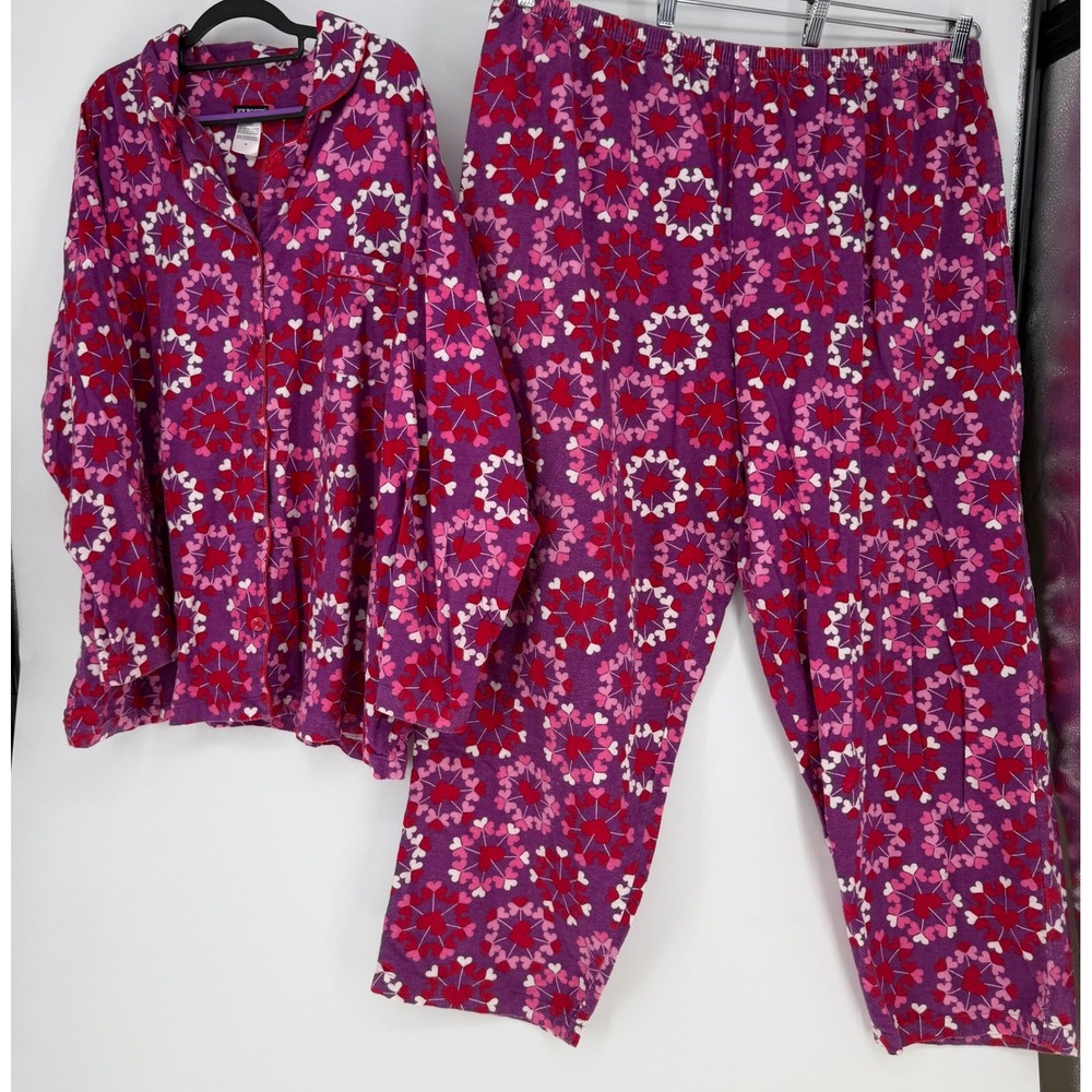Joe Boxer Pajama Set Women 3X Purple Heart Print Cotton Button Up Sleepwear Cozy